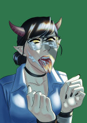 Rule 34 | absurdres, cum, facial, fingernails, forked tongue, glasses, highres, horns, nail polish, original, penis shadow, solo, tongue, tongue out