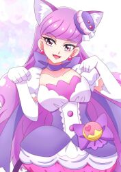 Rule 34 | 1girl, animal ears, bow choker, breasts, cake hair ornament, cat ears, cat tail, choker, cure macaron, earrings, elbow gloves, extra ears, food-themed hair ornament, gloves, hair ornament, highres, jewelry, kirakira precure a la mode, long hair, looking at viewer, macaron hair ornament, magical girl, medium breasts, momotarouooi, paw pose, pom pom (clothes), pom pom earrings, precure, purple choker, purple eyes, purple hair, purple tail, ribbon choker, smile, solo, tail, upper body, white gloves
