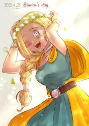 Rule 34 | 1girl, :d, absurdres, belt, bianca (dq5), blonde hair, blue dress, blue eyes, braid, breasts, brown belt, cape, character name, collarbone, commentary request, dated, dragon quest, dragon quest v, dress, english text, flower, hair flower, hair ornament, head wreath, highres, leaning forward, long dress, long hair, looking at viewer, medium breasts, one eye closed, open mouth, orange cape, pekuchin (pekuchin 3), sleeveless, sleeveless dress, smile, solo