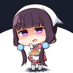 Rule 34 | 1girl, :d, black background, black footwear, blend s, blunt bangs, chibi, collared shirt, food, full body, gloves, hair ornament, hana kazari, hand to own mouth, head scarf, holding, holding plate, leaning to the side, long hair, looking at viewer, low twintails, omelet, omurice, open mouth, pink shirt, pink skirt, plate, pleated skirt, puffy short sleeves, puffy sleeves, purple eyes, sakuranomiya maika, shaded face, shirt, shoes, short sleeves, skirt, smile, solo, standing, stile uniform, thighhighs, translated, twintails, two-tone background, uniform, very long hair, waitress, white background, white gloves, white thighhighs
