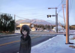Rule 34 | 1girl, blue sky, brown eyes, brown hair, car, clothes writing, day, expressionless, hood, hood down, hoodie, house, intersection, kakitani jirou, looking at viewer, motor vehicle, mountain, original, outdoors, road, short hair, sky, snow, solo, town, traffic light, tree, twilight, upper body, utility pole, winter