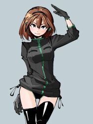 Rule 34 | 1girl, arm up, black footwear, black one-piece swimsuit, blue background, boots, brown eyes, brown hair, gloves, grey gloves, grey jacket, headset, highres, jacket, looking at viewer, momoci rock, one-piece swimsuit, original, simple background, solo, standing, swimsuit, swimsuit under clothes, thigh boots, thighs, v-shaped eyebrows