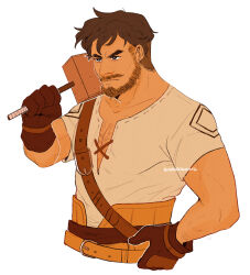 Rule 34 | 1boy, arm hair, bandaged arm, bandages, bara, beard, black eyes, black hair, blacksmith, chest hair, cropped torso, cross-laced slit, facial hair, genshin impact, gloves, hairy, hammer, hayessun, highres, holding, holding hammer, male focus, mature male, muscular, muscular male, mustache, pectoral cleavage, pectorals, short hair, solo, thick eyebrows, wagner (genshin impact)