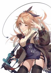 Rule 34 | 1girl, absurdres, arknights, black bow, black jacket, black thighhighs, blue nails, blush, bow, brown eyes, brown hair, cable, commentary request, feather hair, feather hair ornament, fingernails, garter belt, garter straps, hair ornament, highres, holding, holding weapon, jacket, jiusan naitang, long hair, long sleeves, mole, mole under eye, nail gun, nail polish, open clothes, open jacket, open mouth, orange bow, panties, pinecone (arknights), ponytail, red nails, side slit, simple background, skindentation, skirt, solo, sweater, tail, thighhighs, trigger discipline, turtleneck, turtleneck sweater, two-tone bow, underwear, v, vial, weapon, white background