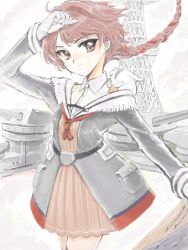 Rule 34 | 1girl, animal, animal on shoulder, braid, brown hair, collared shirt, dress, floating hair, gloves, goat, kantai collection, long sleeves, looking at viewer, multicolored hair, nevada (kancolle), red eyes, red hair, rigging, shirt, simple background, single braid, sleeveless, sleeveless shirt, solo, sowamame, turret, white gloves