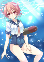 Rule 34 | 10s, 1girl, bad id, bad pixiv id, harimoji, i-58 (kancolle), kantai collection, personification, pink eyes, pink hair, school swimsuit, school uniform, serafuku, solo, swimsuit, swimsuit under clothes, torpedo, type 95 torpedo, underwater