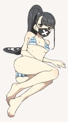 Rule 34 | 1girl, arm support, ass, barefoot, bikini, black eyes, black hair, blue archive, blush, breasts, feet, full body, highres, long hair, looking at viewer, lying, mask, medium breasts, mouth mask, on side, osame, ponytail, simple background, solo, striped bikini, striped clothes, sukeban (smg) (blue archive), swimsuit