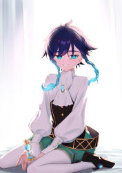 Rule 34 | 1boy, absurdres, androgynous, black hair, blue hair, bow, braid, brooch, cape, collared cape, collared shirt, commentary request, corset, floating, floating object, frilled sleeves, frills, gem, genshin impact, glowing, glowing hair, gnosis (genshin impact), gradient hair, green cape, green eyes, green shorts, highres, jewelry, long sleeves, looking at viewer, male focus, multicolored hair, n.e (sakura-233), open mouth, pantyhose, shirt, short hair with long locks, shorts, side braids, sidelocks, simple background, sitting, smile, solo, twin braids, venti (genshin impact), white pantyhose, white shirt