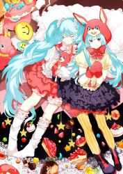 Rule 34 | 2girls, animal hands, aqua eyes, artist request, bandaid, bandaid on knee, bandaid on leg, blue eyes, blue hair, bow, cake, cake slice, closed eyes, commentary request, cupcake, doughnut, dual persona, english text, food, fork, fruit, gloves, hatsune miku, heart, lol -lots of laugh- (vocaloid), long hair, multiple girls, multiple persona, no shoes, non-web source, pancake, pancake stack, paw gloves, plate, scrunchie, shoes, skirt, sleeping, socks, source request, star (symbol), strawberry, strawberry shortcake, striped, sweets, thighhighs, twintails, vertical stripes, very long hair, vocaloid