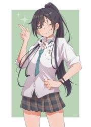 Rule 34 | black hair, blush, checkered clothes, checkered skirt, commentary request, eitopondo, green background, hand on own hip, hand up, highres, idolmaster, idolmaster shiny colors, long hair, looking at viewer, necktie, one eye closed, ponytail, shirase sakuya, shirt, skirt, sleeves pushed up, smile, white shirt, yellow eyes