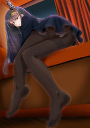Rule 34 | 1girl, alternate costume, arm support, ass, black dress, black hair, black jacket, black pantyhose, commentary request, curtains, dress, from below, fusou (kancolle), hair ornament, indoors, jacket, kantai collection, long hair, long sleeves, looking at viewer, lying, moke ro, no shoes, on bed, panties, panties under pantyhose, pantyhose, pantyshot, red eyes, school uniform, short dress, solo, thighband pantyhose, underwear, white panties
