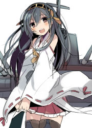 Rule 34 | 10s, 1girl, :d, bad id, bad pixiv id, bare shoulders, black hair, brown eyes, detached sleeves, frilled skirt, frills, haruna (kancolle), japanese clothes, kantai collection, long hair, mizuki (koko lost), open mouth, personification, ribbon-trimmed sleeves, ribbon trim, skirt, smile, solo, thighhighs