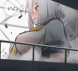Rule 34 | 1girl, absurdres, blue eyes, blush, breasts, destruction, embarrassed, from side, giant, giantess, grey hair, hair over one eye, hamakaze (kancolle), highres, indoors, kantai collection, medium breasts, natsukaze shigure, open mouth, railing, school uniform, serafuku, short sleeves, solo, upper body