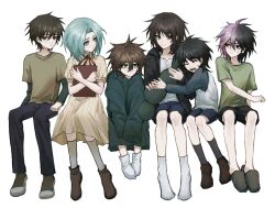 1girl 5boys aqua_eyes aqua_hair black_eyes black_footwear black_hair black_jacket black_pants black_shorts black_socks blue_shorts bonley book brown_eyes brown_footwear brown_hair child chinese_commentary closed_eyes closed_mouth coat collared_dress commentary_request dress enomoto_noa expressionless green_coat green_eyes green_shirt hair_between_eyes heterochromia highres holding holding_book hood hood_down hooded_jacket invisible_chair isoi_haruki isoi_reiji isoi_reiji_(rei-kun) jabuchi_you jacket jitome layered_sleeves long_sleeves medium_hair multicolored_hair multiple_boys nanami_izu no_shoes open_clothes open_jacket open_mouth pants parted_bangs pink_hair puffy_short_sleeves puffy_sleeves raglan_sleeves red_eyes saibou_shinkyoku sanpaku shirt short_hair short_over_long_sleeves short_sleeves shorts simple_background sitting sleeves_past_fingers sleeves_past_wrists slippers smile socks split-color_hair sweat t-shirt two-tone_hair white_background white_shirt white_socks yellow_dress yellow_shirt