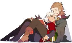 Rule 34 | 2boys, amakusa shirou (fate), beard, brown hair, dark skin, dark-skinned male, facial hair, fate/apocrypha, fate/grand order, fate (series), gloves, hug, looking at another, male focus, multiple boys, short hair, grey eyes, simple background, smile, white background, white hair, william shakespeare (fate), yaoi