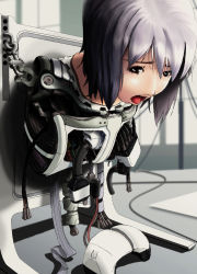 Rule 34 | 1girl, android, bad id, bad pixiv id, broken, mechanical parts, open mouth, original, purple hair, short hair, solo, sukabu