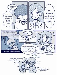 Rule 34 | 1boy, 1girl, blue theme, bow, bowtie, closed eyes, comic, coming out, commentary, english commentary, english text, hair ornament, hairclip, highres, holding hands, hood, hood down, hoodie, kageyama shigeo, kaogens, long hair, looking at another, mob psycho 100, monochrome, nervous, open mouth, school uniform, short hair, simple background, smile, speech bubble, takane tsubomi, turn pale, white background