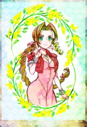 Rule 34 | 1girl, 39cva, aerith gainsborough, bracelet, braid, breasts, brown hair, buttons, choker, cleavage, cropped jacket, curly hair, dress, final fantasy, final fantasy vii, floral background, flower, green eyes, hair ribbon, highres, jacket, jewelry, long hair, necklace, pink dress, pink ribbon, pointing, red jacket, ribbon, ringlets, solo, square enix, yellow flower