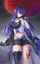 Rule 34 | 1girl, absurdres, acheron (honkai: star rail), ahoge, bandaged leg, bandages, black gloves, black shorts, breasts, chain, cleavage, coat, commentary, cowboy shot, crop top, gloves, grey hair, hair intakes, hand up, highres, holding, holding umbrella, honkai: star rail, honkai (series), large breasts, long hair, looking at viewer, lunixx, midriff, multicolored hair, navel, purple eyes, purple hair, red umbrella, scabbard, sheath, short shorts, shorts, single bare shoulder, single thighhigh, solo, standing, stomach, streaked hair, thighhighs, thighs, umbrella, very long hair, white coat
