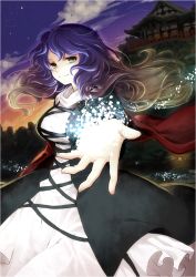 Rule 34 | 1girl, black dress, breasts, brown hair, cape, cloud, dress, gradient hair, grey eyes, hijiri byakuren, large breasts, layered dress, looking at viewer, multicolored hair, outstretched arm, outstretched hand, purple hair, sky, smile, socha, solo, sunset, temple, touhou, white dress