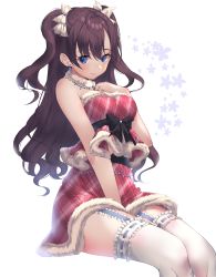 Rule 34 | 1girl, :3, bare shoulders, black bow, blue eyes, blush, bow, breasts, brown hair, dress, earrings, frills, fur collar, fur trim, garter straps, highres, ichinose shiki, idolmaster, idolmaster cinderella girls, idolmaster cinderella girls starlight stage, jewelry, kinty, lab coat, lace, lace-trimmed legwear, lace trim, long hair, looking at viewer, medium breasts, necklace, plaid, plaid dress, red dress, sash, short dress, simple background, sitting, smile, solo, thighhighs, wavy hair, white background, white thighhighs