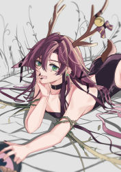 Rule 34 | 1boy, absurdres, alternate costume, animal costume, animal ears, antlers, artist request, ass, bare shoulders, black nails, come hither, crossdressing, fang, genshin impact, green eyes, highres, horns, leotard, long hair, looking at viewer, lying, mole, mole under eye, nail polish, naughty face, on stomach, open mouth, red hair, reindeer antlers, reindeer costume, shikanoin heizou, shiny clothes, shiny skin, smile, solo, tail, trap