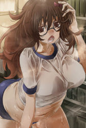 Rule 34 | 10s, 1girl, belly, black-framed eyewear, bookshelf, breasts, brown eyes, brown hair, buruma, fate/extra, fate/extra ccc, fate (series), glasses, gym uniform, hair ribbon, jinako carigiri, large breasts, long hair, looking at viewer, open mouth, plump, ribbon, solo, steam, sweat, thick thighs, thighs, yohane