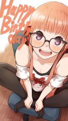 Rule 34 | 1girl, :d, black thighhighs, blush, breasts, chair, cleavage, crossed ankles, english text, from above, glasses, happy birthday, highres, kurosususu, long hair, looking up, off-shoulder shirt, off shoulder, open mouth, orange hair, persona, persona 5, purple eyes, sakura futaba, shirt, sitting, small breasts, smile, solo, thighhighs