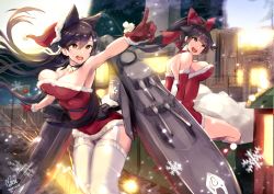 Rule 34 | 2girls, alternate costume, animal ears, atago (azur lane), azur lane, black hair, blush, bow, breasts, brown eyes, building, cannon, dated, extra ears, full moon, fur-trimmed gloves, fur trim, garter straps, gloves, hair bow, hair ribbon, highres, large breasts, long hair, looking at viewer, mappaninatta, mole, mole under eye, moon, multiple girls, night, outdoors, ponytail, red gloves, ribbon, rigging, santa costume, signature, sky, smile, snow, snowflakes, snowing, star (sky), starry sky, swept bangs, takao (azur lane), thighhighs, turret, very long hair, white bow, white legwear, white ribbon