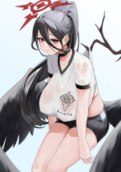 Rule 34 | 1girl, absurdres, black hair, black shorts, black wings, blue archive, blush, branch, breasts, choker, collarbone, feathered wings, gym uniform, hair between eyes, halo, hasumi (blue archive), hasumi (track) (blue archive), high ponytail, highres, huge breasts, long hair, looking at viewer, mole, mole under eye, noir (4chan), official alternate costume, red eyes, shirt, short shorts, short sleeves, shorts, solo, sweaty clothes, thighs, very long hair, white shirt, wings