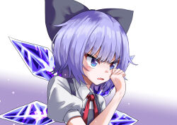 Rule 34 | 1girl, absurdres, blue bow, blue dress, blue eyes, blue hair, blush, bow, cirno, collared shirt, crying, crying with eyes open, dress, fairy, gradient background, hair bow, highres, ice, ice wings, kabi killer, open mouth, puffy short sleeves, puffy sleeves, shirt, short hair, short sleeves, solo, tears, touhou, upper body, white shirt, wings