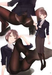 Rule 34 | 1girl, absurdres, ama mitsuki, ass, black hair, black pantyhose, blush, bob cut, brown eyes, business suit, formal, full body, high heels, highres, id card, lanyard, looking at viewer, mary janes, multiple views, no shoes, non-web source, office lady, original, page number, panties, panties under pantyhose, pantyhose, parted lips, pencil skirt, scan, shoes, short hair, sitting, skirt, skirt suit, smile, squatting, standing, suit, thighband pantyhose, underwear, white background, white panties