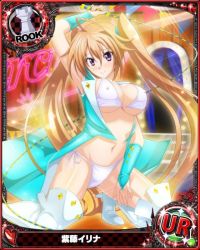 Rule 34 | 1girl, bare shoulders, blush, breast hold, breasts, card (medium), character name, chess piece, cleavage, female focus, high school dxd, large breasts, long hair, looking at viewer, official art, orange hair, purple eyes, rook (chess), shidou irina, solo, trading card, twintails, underboob, very long hair