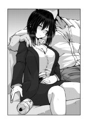 Rule 34 | 1boy, 1girl, arm around neck, beer can, blush, breasts, can, cleavage, closed eyes, commentary request, couch, drink can, drunk, faceless, faceless male, greyscale, heavy breathing, highres, imagawa akira, jewelry, large breasts, monochrome, office lady, original, pencil skirt, ring, sitting, skirt, sweat, wedding ring