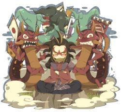 Rule 34 | 10s, 1boy, bad id, bad pixiv id, banner, brown hair, crossed arms, dragon, frown, gekidragon, grass, green hair, hakama, hakama skirt, horns, indian style, japanese clothes, kataginu, looking at viewer, looking to the side, monster boy, open mouth, orochi (youkai watch), sharp teeth, sitting, skirt, smoke, teeth, ticktack chicken, traditional youkai, tsuchigumo (youkai watch), youkai watch