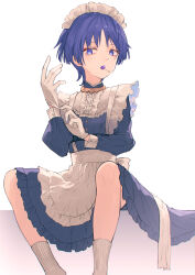 Rule 34 | 1boy, absurdres, alternate costume, apron, blue dress, buttons, candy, center frills, crossdressing, dress, enmaided, eyeshadow, feet out of frame, food, frilled apron, frilled dress, frills, genshin impact, gloves, hand up, highres, lollipop, long sleeves, maid, maid apron, maid headdress, makeup, male focus, mouth hold, purple eyes, purple hair, red eyeshadow, ribbed socks, scaramouche (genshin impact), short hair, simple background, sitting, sleeve cuffs, socks, solo, trap, white apron, white background, white gloves, white socks, yamabuki (yamabuki xxxxx)