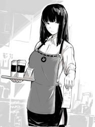 Rule 34 | 1girl, apron, barista, black eyes, black hair, blouse, blunt bangs, cafe, coffee cup, commentary, cup, dated, disposable cup, drinking glass, english commentary, foreshortening, greyscale, indonesian text, light rays, long hair, looking at viewer, lynus, menu board, monochrome, naoko-san, original, shirt, sign, sunbeam, sunlight, tray, waitress, window, writing