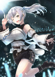 Rule 34 | 1girl, alulunkiruto, ankle boots, black footwear, black shorts, boots, breasts, commentary request, detached sleeves, green eyes, grey hair, hand up, highres, hololive, knee up, large breasts, light, light stick, long sleeves, looking at viewer, one eye closed, open mouth, ponytail, shirogane noel, shirogane noel (5th costume), shorts, smile, solo, teeth, upper teeth only, virtual youtuber, wide sleeves