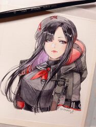 Rule 34 | 1girl, asymmetrical bangs, beret, black hair, black hat, black jacket, black serafuku, breasts, colored inner hair, dated, eunhwa (nikke), forehead, goddess of victory: nikke, hat, highres, hood, hooded jacket, jacket, lips, long hair, looking to the side, medium breasts, mole, mole under mouth, multicolored hair, neckerchief, nvalkyrja, purple eyes, purple hair, red jacket, red neckerchief, school uniform, serafuku, signature, solo, traditional media, two-sided fabric, two-sided jacket