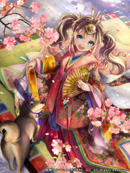 Rule 34 | 10s, 1girl, blue eyes, brown hair, cherry blossoms, dog, floral print, folding fan, hair ornament, hand fan, hat, hat ribbon, hinamatsuri, japanese clothes, kimono, layered clothes, layered kimono, long hair, long sleeves, official art, open mouth, original, petals, pisuke, ribbon, seisen cerberus, smile, solo, tongue, tongue out, twig, twintails, wide sleeves