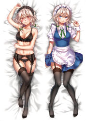 Rule 34 | 1girl, absurdres, apron, arm up, armpits, bare arms, bare shoulders, bed sheet, black bra, black panties, black thighhighs, blue dress, blue eyes, blush, bow, bra, braid, breasts, cleavage, clenched hand, collarbone, commentary request, dakimakura (medium), dress, frilled apron, frills, full body, garter belt, gluteal fold, green bow, green ribbon, groin, hair between eyes, hair bow, hand up, highres, izayoi sakuya, looking at viewer, lying, maid, maid apron, maid headdress, medium breasts, multiple views, navel, neck ribbon, no shoes, nora wanko, on back, panties, puffy short sleeves, puffy sleeves, red eyes, ribbon, shirt, short dress, short hair, short sleeves, silver hair, smile, stomach, thighhighs, thighs, touhou, twin braids, underwear, underwear only, waist apron, white apron, white shirt, wrist cuffs