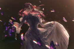 Rule 34 | 1girl, backlighting, belt, birdcage, black background, black bow, black bowtie, black dress, blurry, bokeh, bow, bowtie, breasts, bug, butterfly, cage, commentary, cowboy shot, depth of field, dress, fajyobore, fate/stay night, fate (series), floating hair, hair ribbon, highres, holding, holding cage, insect, juliet sleeves, light particles, long hair, long sleeves, looking at viewer, matou sakura, medium breasts, open mouth, parted bangs, pleated dress, puffy sleeves, purple butterfly, purple eyes, purple hair, red ribbon, ribbon, see-through silhouette, simple background, skirt hold, smile, solo, standing, wide sleeves