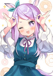 Rule 34 | 1girl, ;d, absurdres, animal ears, arms up, blue dress, blue ribbon, blush, commentary request, dress, earrings, gau (n00 shi), highres, horse ears, horse girl, horse tail, jewelry, long hair, long sleeves, looking at viewer, mejiro mcqueen (umamusume), one eye closed, open mouth, purple eyes, purple hair, purple ribbon, rabbit pose, ribbon, smile, solo, sparkle, swept bangs, tail, umamusume, wide sleeves