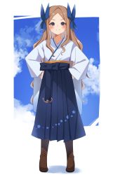 Rule 34 | 1girl, absurdres, asakaze (kancolle), blue bow, blue eyes, blue hakama, boots, bow, brown footwear, cross-laced footwear, forehead, full body, hachino mugi, hair bow, hakama, hakama skirt, highres, japanese clothes, kantai collection, kimono, knee boots, lace-up boots, light brown hair, long hair, meiji schoolgirl uniform, parted bangs, sidelocks, skirt, smile, solo, standing, wavy hair, white kimono, wide sleeves