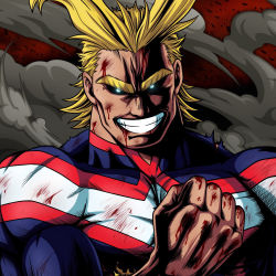 Rule 34 | 1boy, all might, antenna hair, black sclera, blonde hair, blood, blood on face, blood stain, blood on hands, bodysuit, boku no hero academia, clenched hand, colored sclera, commentary, glowing, glowing eyes, hand up, highres, looking at viewer, male focus, messy hair, muscular, short hair, smile, solo, studio viga, thick eyebrows, torn bodysuit, torn clothes, upper body