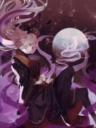 Rule 34 | 1girl, backlighting, black dress, blonde hair, chinese clothes, crescent, crescent hat ornament, dress, flower, flower (symbol), full moon, hair between eyes, half-closed eyes, hat, hat ornament, high collar, highres, junko (touhou), long hair, long sleeves, moon, naufaldreamer, purple background, red flower, red footwear, shoes, touhou, yellow eyes