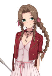 Rule 34 | 1girl, aerith gainsborough, blush, bow, braid, braided ponytail, breasts, brown hair, choker, cleavage, cropped jacket, dress, final fantasy, final fantasy vii, final fantasy vii remake, green eyes, hair bow, half-closed eyes, highres, jacket, jewelry, looking at viewer, looking to the side, necklace, open clothes, open jacket, pink bow, pink dress, short sleeves, simple background, smile, solo, staff, open belt, white background, yahiro (epicopeiidae)