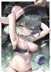 Rule 34 | &gt;:), 1girl, absurdres, armpits, arms behind head, arms up, black background, black bra, black panties, blush, border, bow, bra, breasts, cleavage, commentary request, commission, dfra, gradient background, green background, green eyes, green hair, hat, hat bow, heart, heart-shaped pupils, highres, komeiji koishi, large breasts, looking at viewer, lowleg, lowleg panties, navel, outside border, panties, pixiv commission, seductive smile, short hair, smile, solo, sweat, symbol-shaped pupils, third eye, touhou, underwear, underwear only, upper body, v-shaped eyebrows, wet, white border