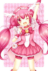 Rule 34 | 10s, 1girl, argyle, argyle background, argyle clothes, arm up, bad id, bad pixiv id, bow, choker, cure happy, heart, heart background, hoshizora miyuki, long hair, magical girl, one eye closed, open mouth, pink background, pink bow, pink eyes, pink hair, pink shorts, pink skirt, pink theme, precure, sanotsuki, shorts, shorts under skirt, skirt, smile, smile precure!, solo, twintails, wink