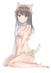 Rule 34 | 1girl, animal ears, bare arms, bare legs, between legs, blue bow, blush, bow, bra, breasts, brown eyes, brown hair, cat ears, cat tail, cleavage, closed mouth, full body, hair bow, hand between legs, highres, long hair, looking at viewer, maid headdress, mochitsuki usa, original, panties, simple background, sitting, small breasts, solo, straight hair, tail, underwear, underwear only, wariza, white background, yellow bra, yellow panties